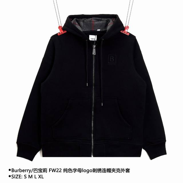 Burberry 巴宝莉 Fw22 纯色字母logo刺绣连帽夹克外套 Size：S M L Xl 颜色：黑色 穿着方式：门襟拉链 面料：棉 男女同款 款式编号：