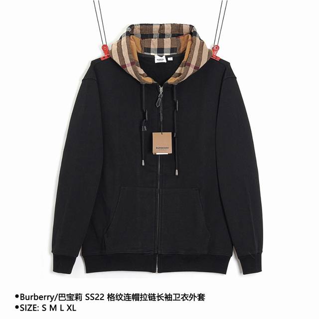 Burberry 巴宝莉 Ss22 格纹连帽拉链长袖卫衣外套 Size：S M L Xl 颜色：黑色 穿着方式：门襟拉链 面料：棉 男女同款 款式编号：Xlt9