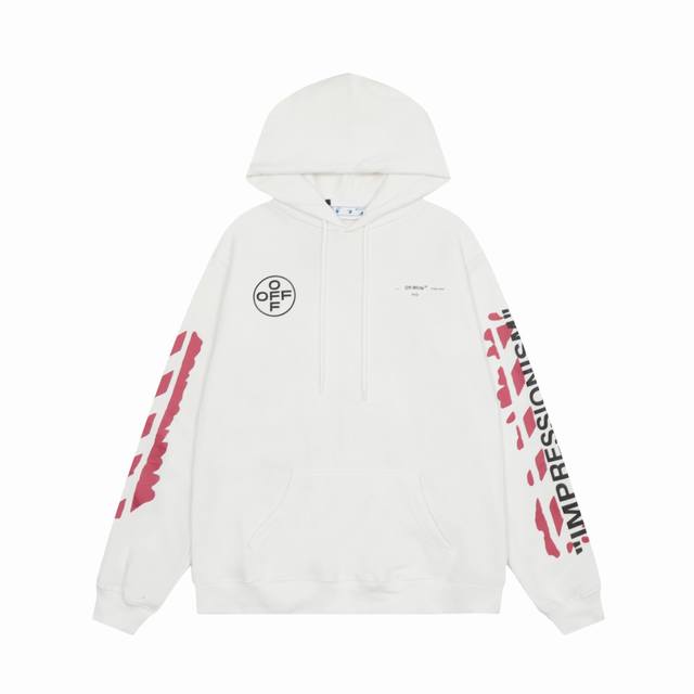 高版本off-White C O Virgil Abloh 口红色刷漆箭头印花连帽卫衣，男女同款，经久不息的爆款。采用420G高克重纯棉毛圈面料，德国进口机器高