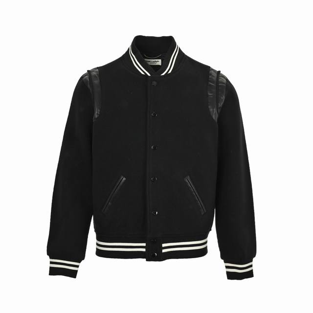 Saint Laurent Paris Slp 圣罗兰 羊毛棒球服外套 采用百分之30羊毛百分之70全棉进口横机螺纹，拼接处为进口小羊皮 激光切割损耗巨大 真皮