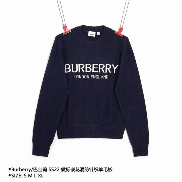 Burberry 巴宝莉 Ss22 徽标嵌花混纺针织羊毛衫 Size：S M L Xl 颜色：藏蓝色 穿着方式：圆领 面料：羊毛 男女同款 款式编号：Xlt7