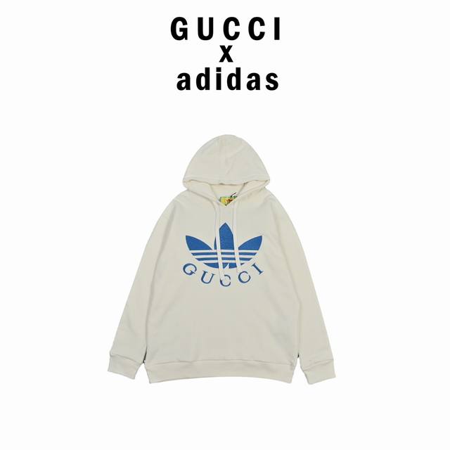 Gucci X Adidas 22Fw 联名款三叶草帽衫 定织定染米白色460G鱼鳞纹毛圈棉 日本进口田岛刺绣机出品 针数高达4W7针。003 码数:Xs S