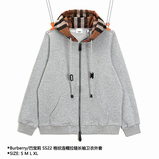 Burberry 巴宝莉 Ss22 格纹连帽拉链长袖卫衣外套 Size：S M L Xl 颜色：灰色 穿着方式：门襟拉链 面料：棉 男女同款 款式编号：Xlt9