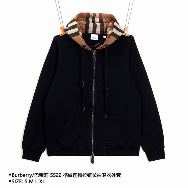 Burberry 巴宝莉 Ss22 格纹连帽拉链长袖卫衣外套 Size：S M L Xl 颜色：黑色 穿着方式：门襟拉链 面料：棉 男女同款 款式编号：Xlt9