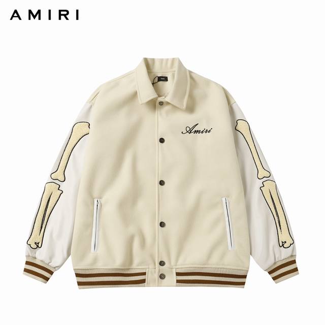 Amiri 经典骨头绣花王嘉尔同款棒球服 -采用毛巾绣与平绣混合万针刺绣工艺 时尚百搭 -选用龙凤尼面料柔软舒适 搭配pu袖子高端大气 -口袋双拉链设计细节还原