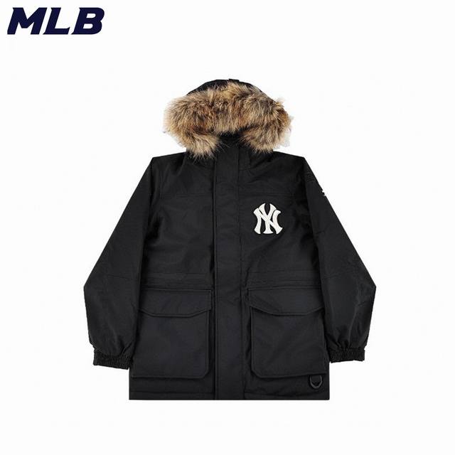 Mlb Ny大毛领羽绒服 Mlb Ny纽约洋基队真貉子大毛领刺绣多口袋夹克式连帽羽绒服 市面顶级版本 寒冬必备中长款 明星网红上身 90白鸭绒填充 超级保暖 多