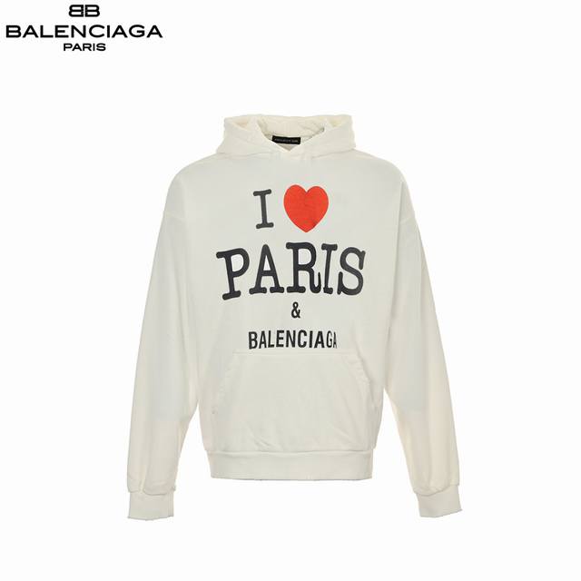 Balenciaga 巴黎世家 24Ss 爱心字母印花水洗做旧连帽卫衣 采用订色订染毛圈纯棉卫衣面，420G双股双纱，手感舒适 进口针织针梳棉进行制作，厚度适中