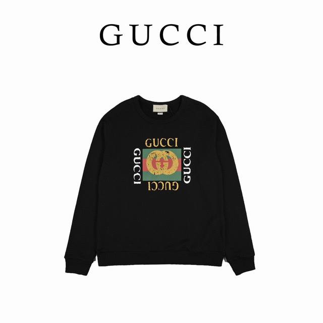 Gucci 经典做旧方块logo字母印花圆领卫衣 第一时间购入zp操作，采用定织定染21支交织 32支420G平纹纯棉面料 内里小毛圈 1:1同缸定染螺纹全棉定