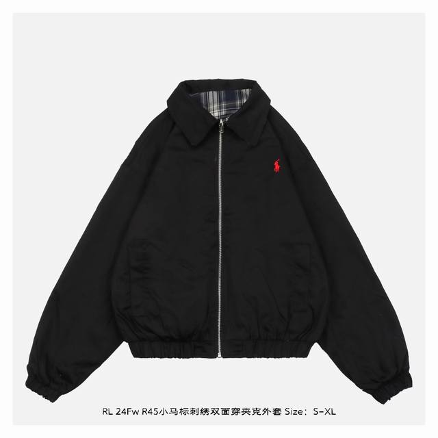 Ralph Lauren 拉夫劳伦 24Fw R45小马标刺绣双面穿夹克外套-正面 经典的版型设计，选用精梳棉斜纹布，内里米蓝格纹针织面料，胸前小马标刺绣标志，