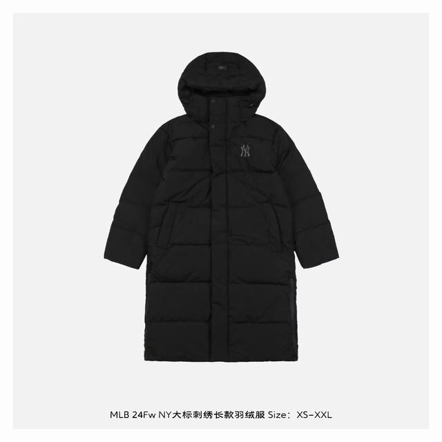 Mlb 24Fw Ny大标刺绣长款羽绒服 面料采用客供的高密度定织定染涤纶材质，防风3级认证，内胆采用400D高密度支数胆布，杜绝钻绒现象，鸭绒填充，充绒量非常