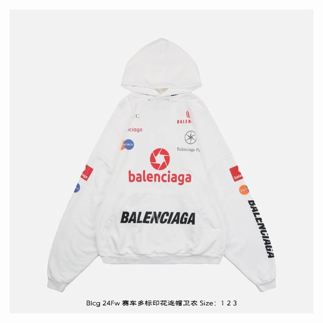 Balenciaga 巴黎世家 24Fw 赛车多标印花连帽卫衣 面布32支精棉毛圈卫衣 克重100%棉，罗纹32支精棉双纱1X1罗纹 克重100%棉，工艺：菲林