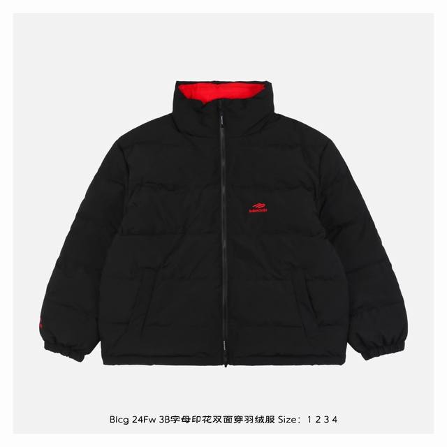 Balenciaga 巴黎世家 24Fw 3B字母印花双面穿羽绒服-正面 定制科技超细罗缎面料茧型设计剪裁，立领背面饰以字母品牌标识刺绣，轮廓版型，男女同款，面