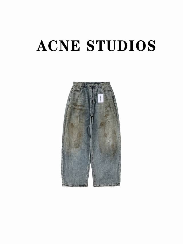 Acne Studios Fw24 割破工艺脏脏牛仔长裤 马思纯同款 Acne 的中腰做旧泥染牛仔裤，经典五袋设计，带有超级宽松的版型轮廓，男女通用 Size：