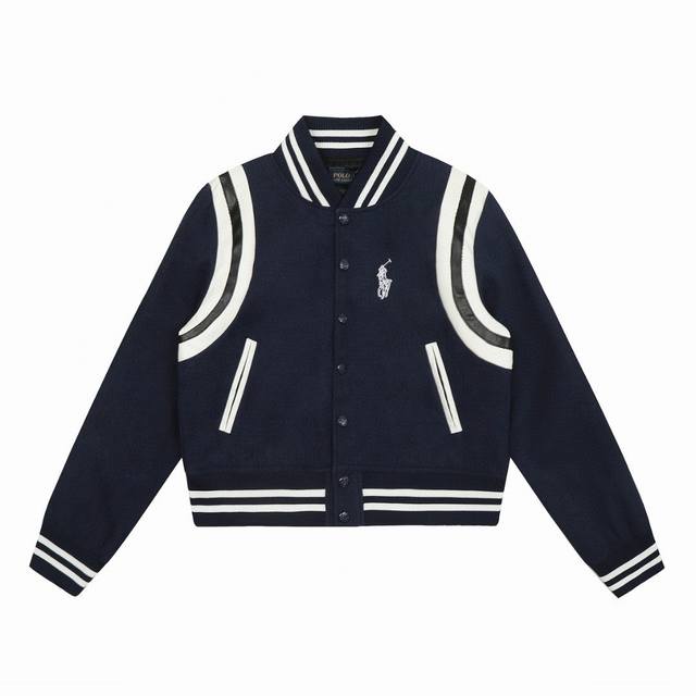 顶级品质 拉夫劳伦ralph Lauren美式复古小马刺绣拼接棒球服 拉夫劳伦ralph Lauren经典基础羊毛面拼接皮面明星同款棒球服外套 Yb开模 珠地斜