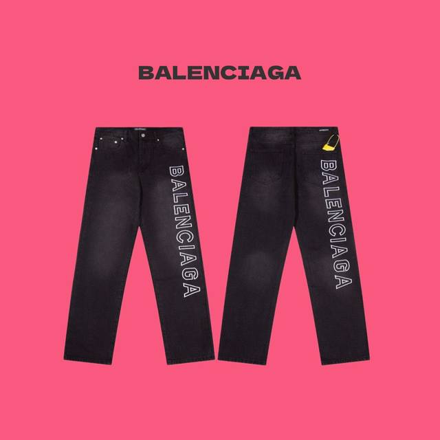 Balenciaga 巴黎世家23Ss 侧边刺绣 Logo 字母情侣水洗直筒休闲牛仔裤-顶级复刻版本 Color：水洗黑 Size：28 30 32 34 Nu