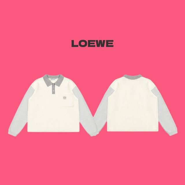 Loewe 罗意威经典羊绒拼色刺绣 Logo 口袋翻领 Polo衫情侣针织毛衣-顶级品质 Coler：杏灰色 Size：S M L Number：240103