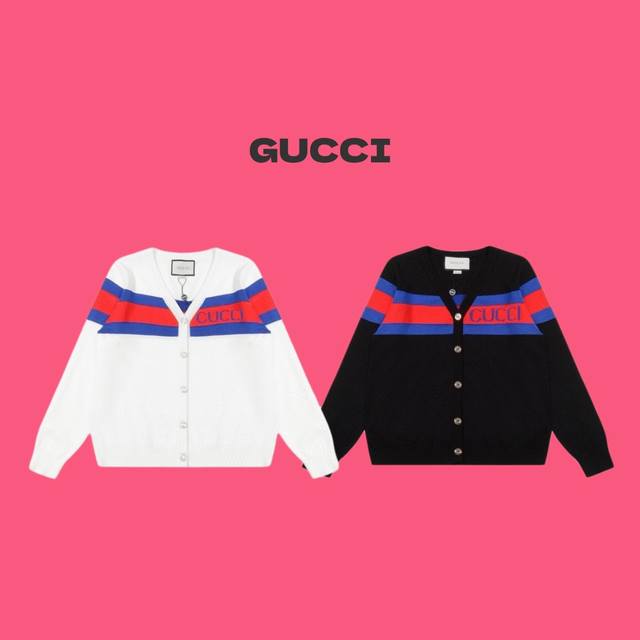 Gucci 古驰 24Ss 红蓝条纹徽标 Logo 提花情侣针织开衫毛衣-顶级版本 Color：白色 黑色 Size：S M L Number：240 独家定制