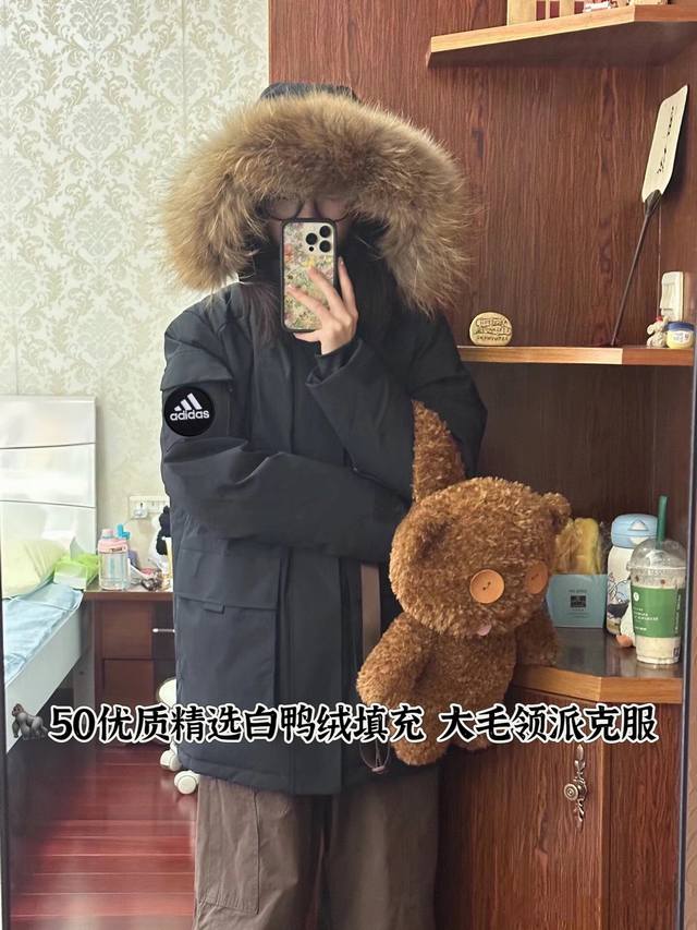 50白鸭绒阿迪达斯adidas防风抗冻大口袋工装派克服羽绒服男女同款情侣款 采用精选优质大朵50白鸭绒填充！ 市场版本多样复杂只要报单的时候备注 兔兔家货 就能