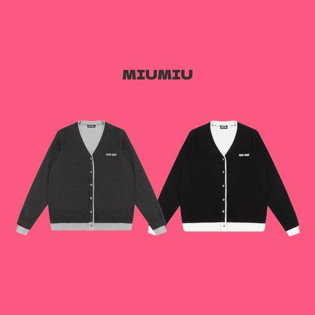 Miu Miu 缪缪 24Ss 爆款小字母 Logo 提花撞色假两件针织羊毛毛衣开衫-顶级原单版本 Color：灰色 黑色 Size：S M L Number：