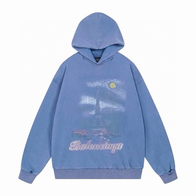 Balenciaga 巴黎世家2024 Ss 埃菲尔铁塔直喷白墨渐变彩印水洗磨烂做旧连帽卫衣 本市场no.1的质量 真正天花板品质 全部原版开发注意细节图 避免