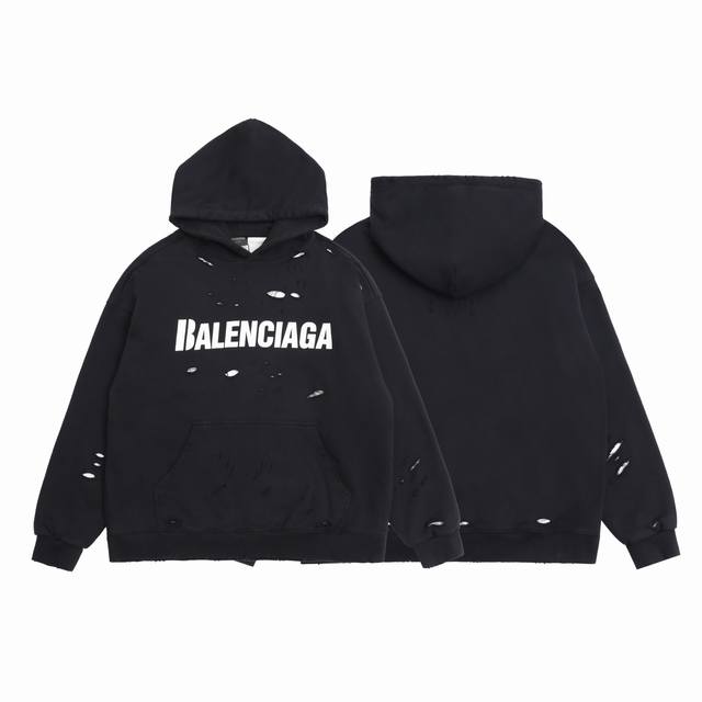 顶级复刻版本 Balenciaga 巴黎世家新款做旧破洞两件套手工破坏印花做旧连帽卫衣帽衫 面料: 重磅450克定制高密度大毛圈水洗棉，随意对比 一比一定制新款