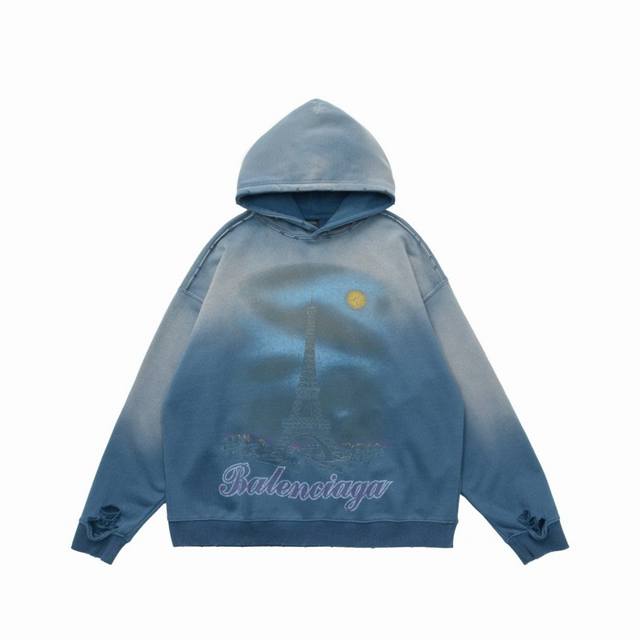 顶级复刻版本 Balenciaga 巴黎世家新款做旧埃菲尔铁塔破坏重工连帽卫衣帽衫 面料: 重磅450克定制高密度大毛圈水洗棉，随意对比 一比一定制新款巴黎世家