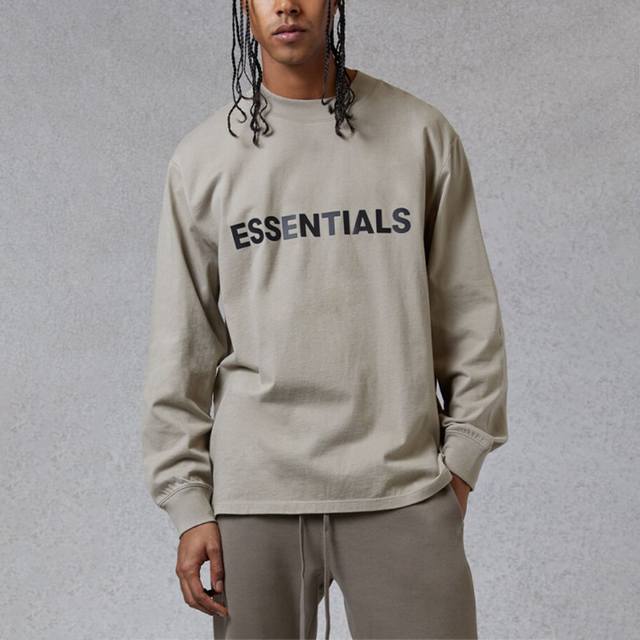 上新 长袖 “完美复刻 顶级版本 Fear Of God 复线 Essentials 新一季压胶logo圆领长袖tee”Essentials字母改在胸前的设计，