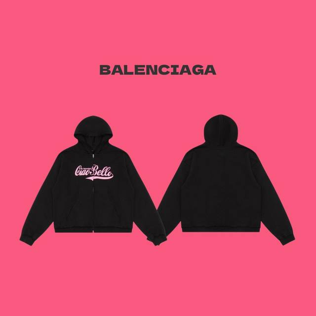 Balenciaga 巴黎世家 24Ss Ciao Bello印花做旧磨破情侣连帽拉链开衫外套-顶级复刻版本 Color：黑色 Size：S M L Numbe