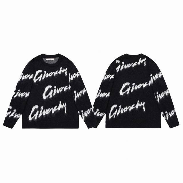 Givenchy 纪梵希 经典签名弹幕草写字母 Logo 提花情侣马海毛针织圆领毛衣-顶级原单版本 Color：黑色 Size：S M L Number ：24