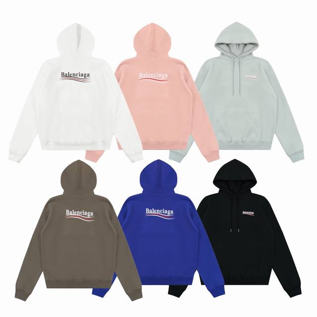 Balenciaga 巴黎世家 经典可乐海浪刺绣 Logo 字母情侣加绒连帽卫衣-顶级版本 Color：黑色 白色 粉色 薄荷绿 咖色 克莱因蓝 Size：S