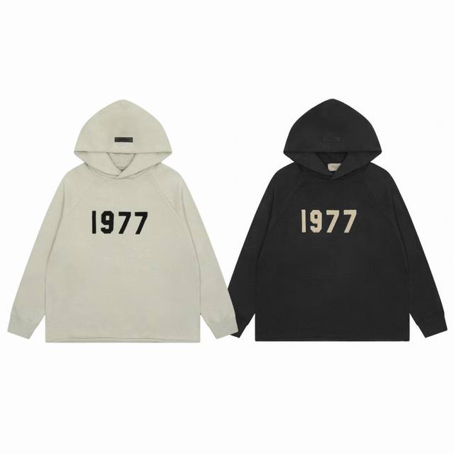 Fear Of God Fog Essentials 复线1977系列植绒字母 Logo 贴布宽松情侣针织连帽毛衣-代购过验品质 Color：小麦灰 青黑色 S