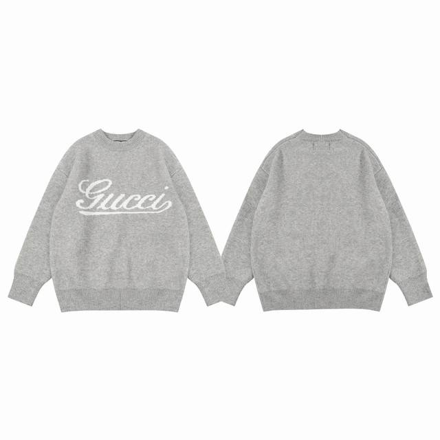 Gucci 古驰 24Ss 签名字母 Logo 白色提花嵌花情侣宽松圆领针织毛衣-顶级版本 Color：灰色 Size：S M L Number：249023