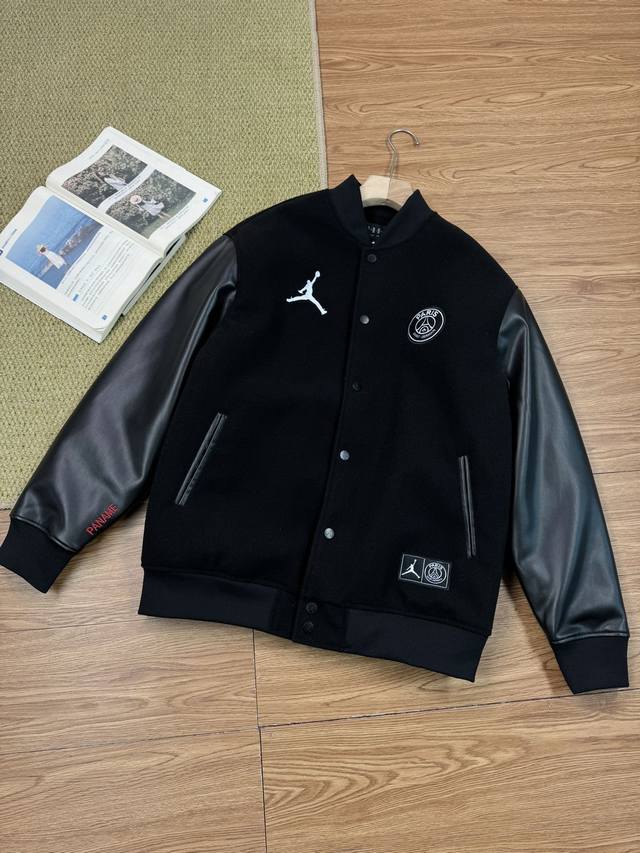 棉服 Air Jordan 乔丹 19Fw 大巴黎圣日耳曼长夹联名款毛呢棒球夹克 外套 只在英国发售的限量款原版4000走vip渠道购入 皮革衣袖结合羊毛混纺衣