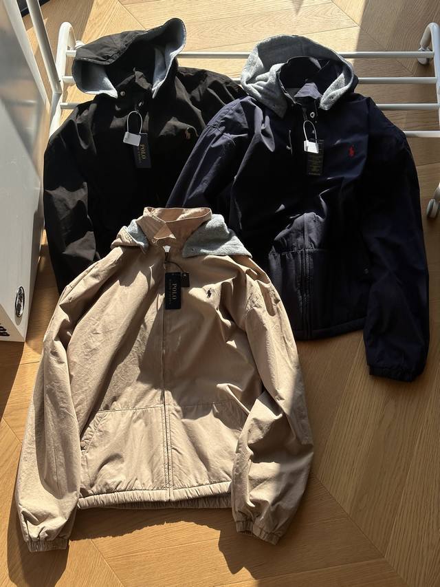 供 Polo Ralph Lauren Vintage 拉夫劳伦 可拆卸衣领帽毛毡哈灵顿夹克 黑色 卡其 藏青 S Xl 面布定织锦棉面料 全棉毛毡布内衬 成衣