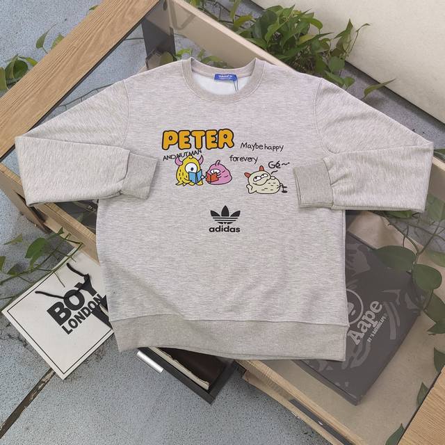 上新 款号：Txe084 2024秋冬新款adidas阿迪达斯三叶草小怪兽合集图案logo字母印花休闲情侣高圆领加绒卫衣，小红书爆款，面料高版本高品质，网红明星