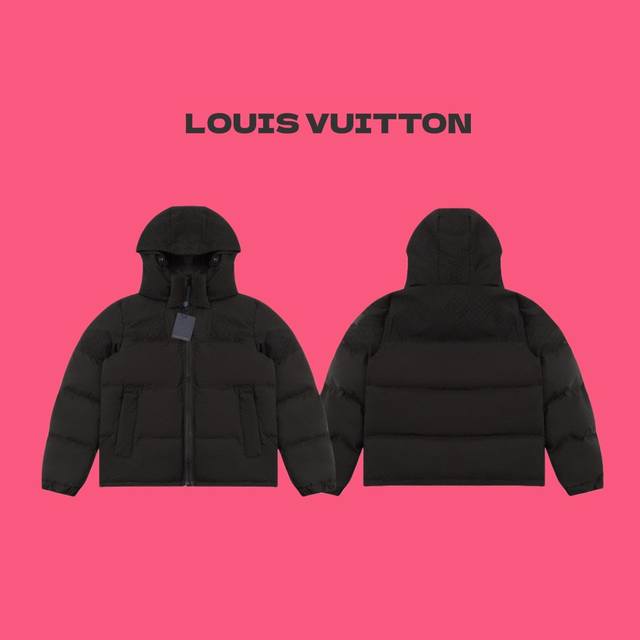 Louis Vuitton Lv 路易威登 24Ss 徽标老花钢印压花拼接情侣高领连帽羽绒服-代购级品质 Color：黑色 Size：M L Xl Xxl Nu