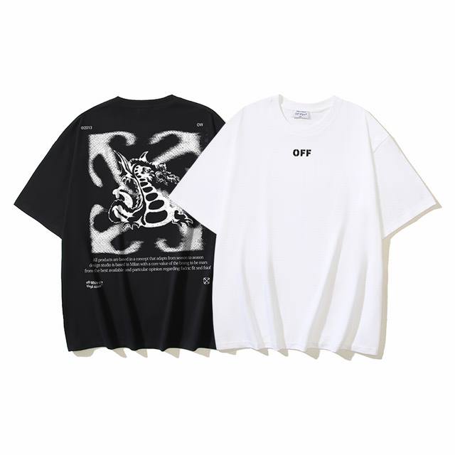 1089# Off-White纯棉260G重磅龙纹箭头印花短袖t恤 黑色 白色 S M L Xl