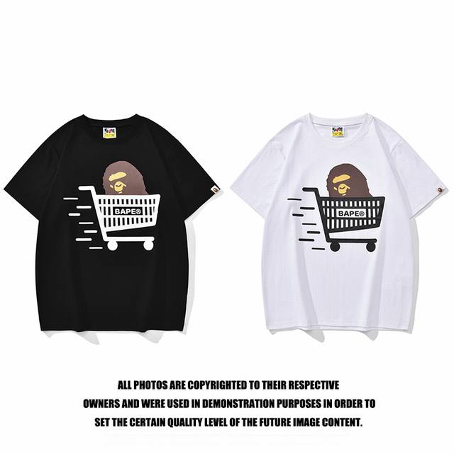 潮牌bape鲨鱼us Bape Cart Tee Mens购物车印花短袖 黑&白 M 3Xl