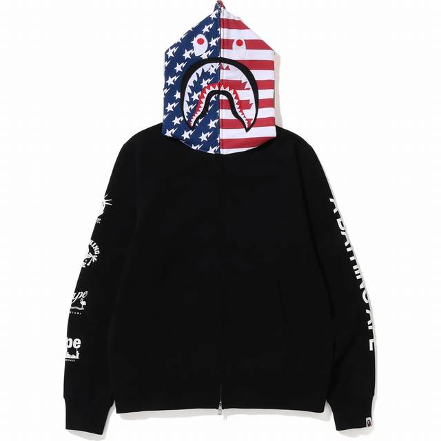 潮牌bape Us Shark Full Zip Hoodie Mens鲨鱼头连帽卫衣 黑&白 M 3Xl Cut And Sewn Bape Us Shark