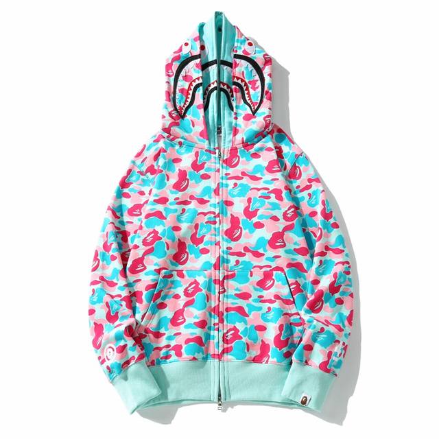 潮牌bape鲨鱼头miami 4Th Anniversary Shark Full Zip Double Hoodie双帽迷彩卫衣 M 3Xl Bape Sto