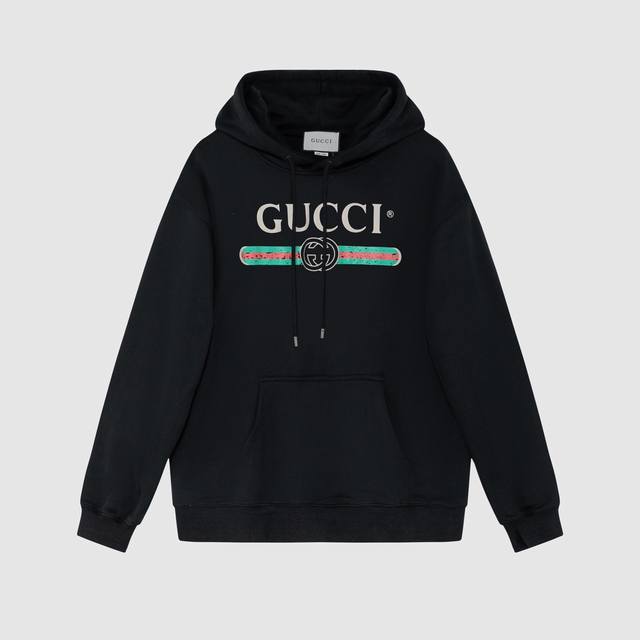 729#Gucci 男女同款-宽松欧版 460克高品质精密双股连帽大卫衣连帽经典款专柜专属高级订制引入进口机器红绿做旧字母数码直喷工艺-颜色黑 白-码数xs-L