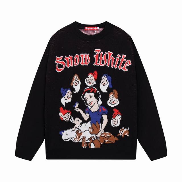 Supreme白雪公主和七个小矮人提花圆领毛衣 颜色：黑色 白色 码数：S M L Xl Xxl