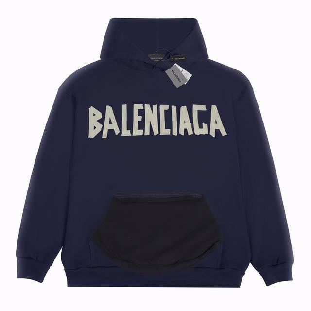 款号：2170 Balenciaga巴黎世家 双面胶带logo印花连帽卫衣 藏蓝色 男女同款 尺码表：Xs. S. M. L 印花：印花材料采用安全环保无毒婴儿