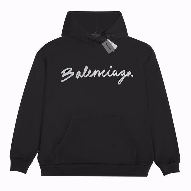 款号：2153 Balenciaga巴黎世家 手写体logo字母印花连帽长袖卫衣 黑色 男女同款 尺码表：Xs. S. M. L 印花：印花材料采用安全环保无毒