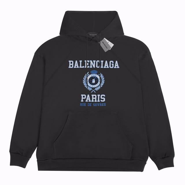 款号：2105 Balenciaga巴黎世家 麦穗皇冠印花logo印花连帽卫衣 黑色 男女同款 尺码表：Xs. S. M. L 印花：印花材料采用安全环保无毒婴