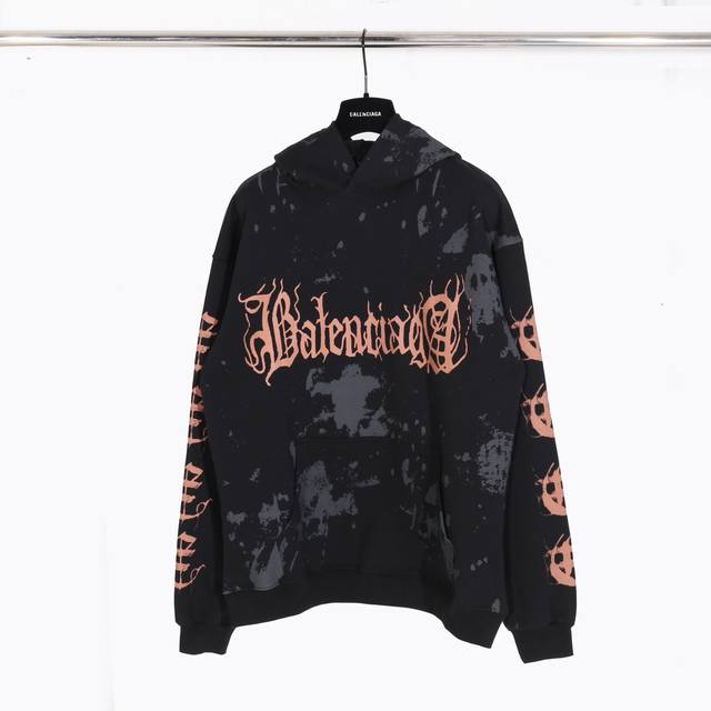 B011# Balenciga 巴黎世家 秋冬泥染做旧梵文帽衫卫衣 码数xs S M L