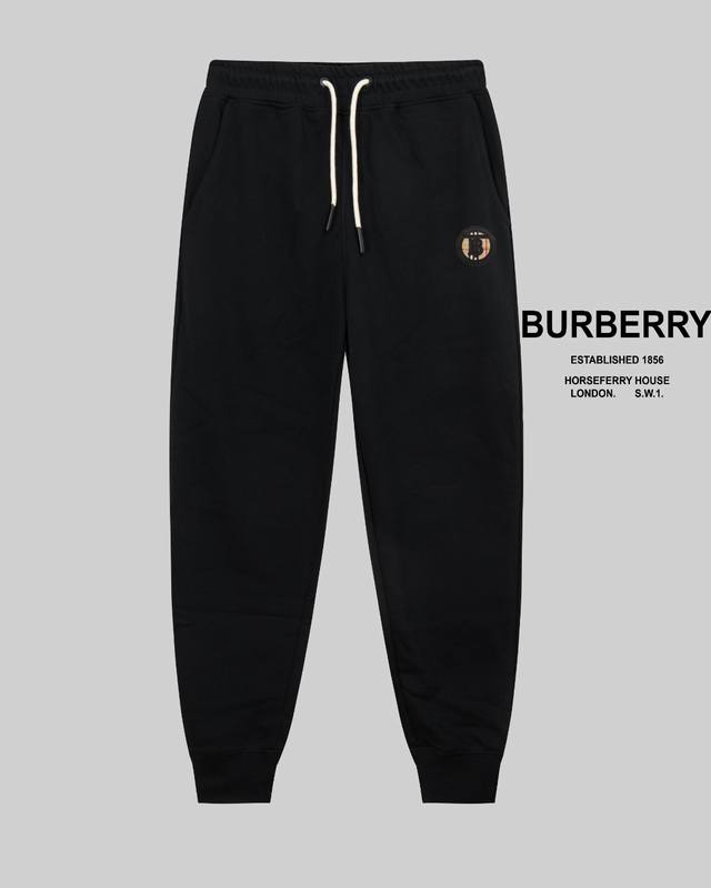 顶级版本，区别通货 Burberry 巴宝莉24Ss 秀款 修身线条简约皮标logo运动裤 380G克重 兼容所有身材 腰部松紧带黑白抽绳设计 定制抽绳口袋两侧