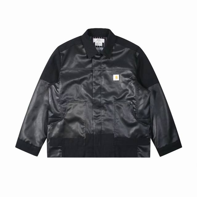 卡哈特carhartt X Wip Junya Watanabe卡哈特联名款 Ss24拼接皮革logo翻领皮衣夹克外套 都市机能风 男女皮衣外套满满的clean