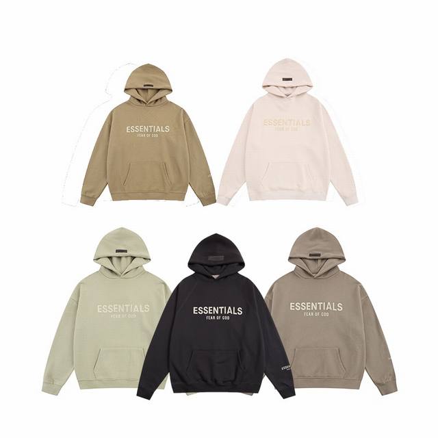 Fear Of God Essentials复线植绒印花第八季连帽加绒卫衣 款号：Lm809# 颜色：铁黑色 小麦色 褐色 草绿色 棕色 码数：S M L Xl