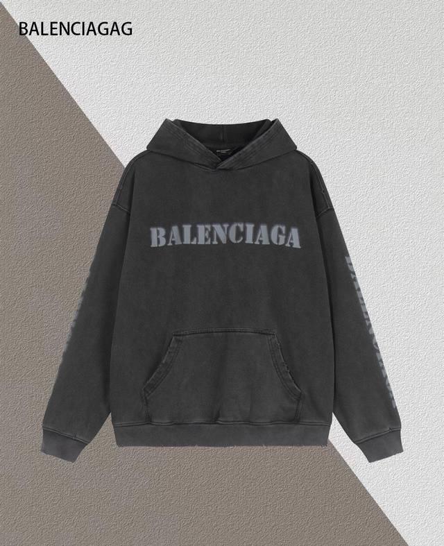 Balenciaga 巴黎世家 模糊字母印花 重工水洗磨破连帽卫衣 面料克重460克重 颜色 水洗黑 尺码 Xs-L